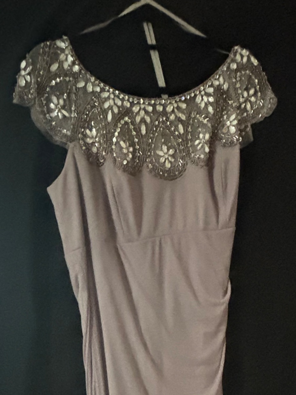 Xscape Taupe Maxi Dress with Beaded Scallop Yoke